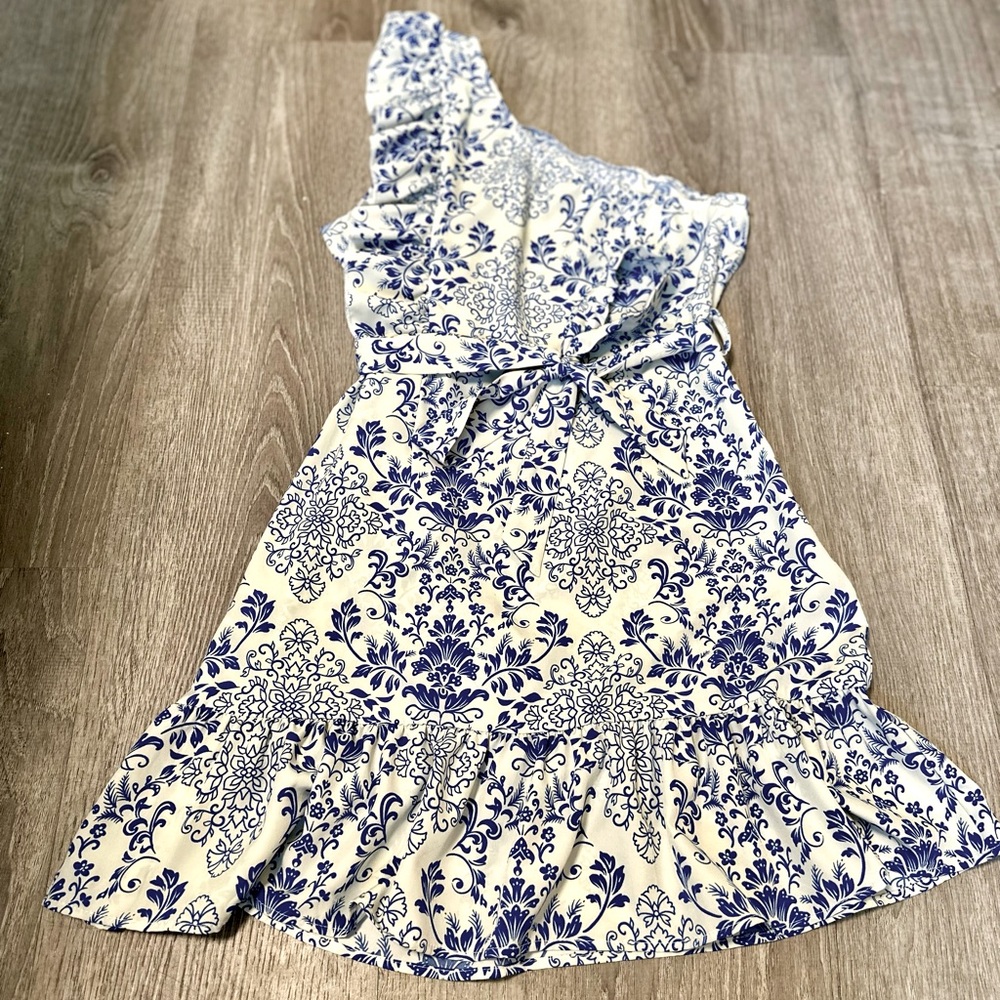 Blue floral one-shoulder dress, Size Small. SHEIN